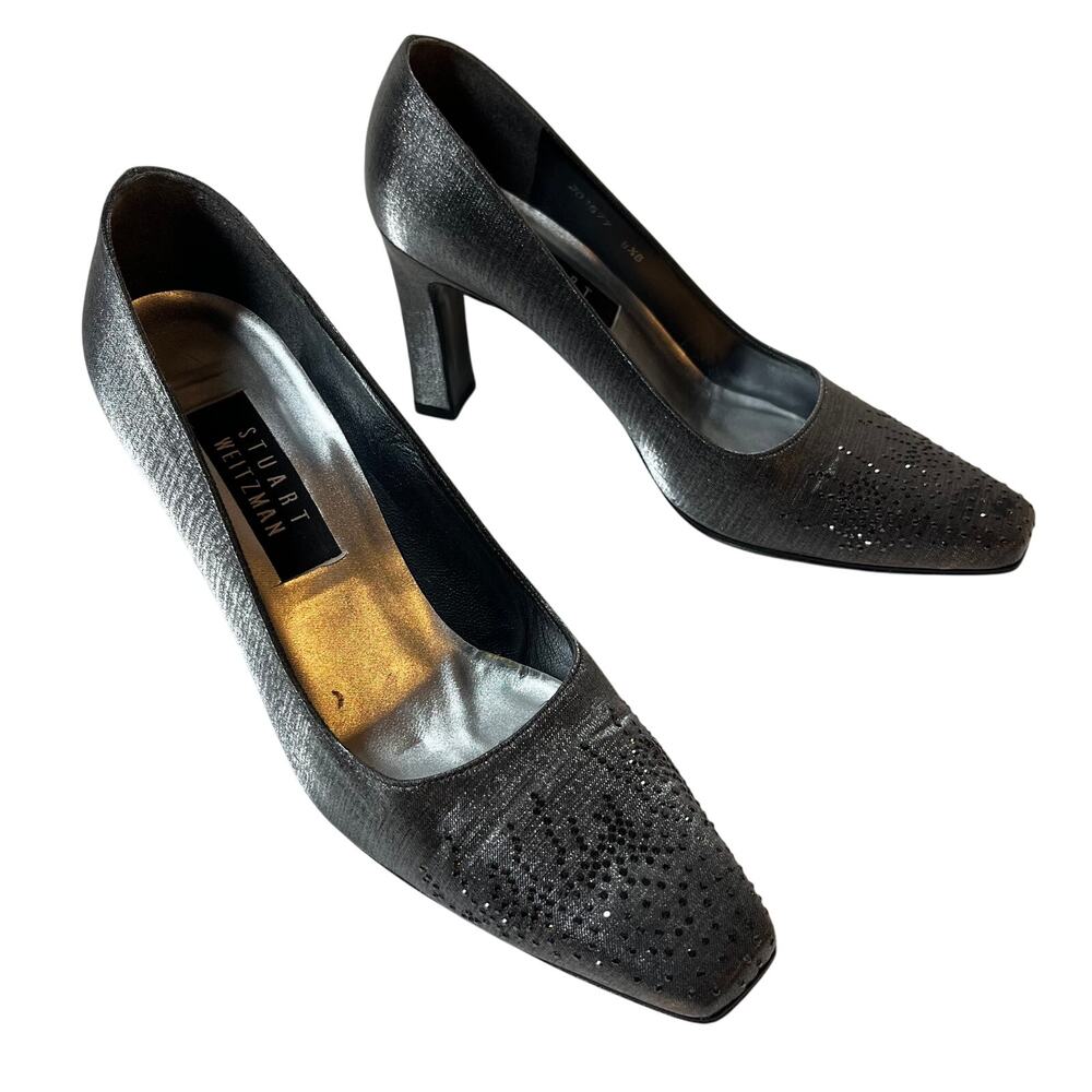 Stuart Weitzman Square Toe Pumps Silver Metallic Size 8.5 Formal‎ Wedding Bride